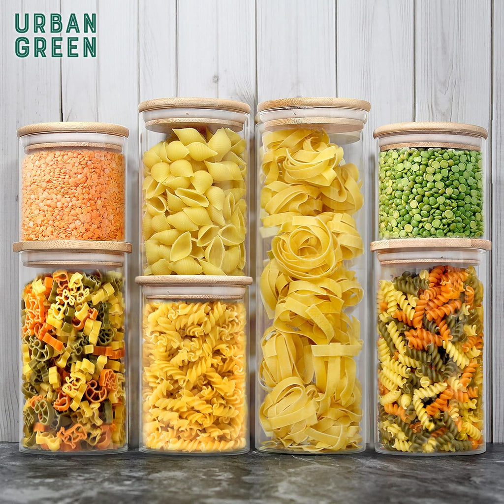 Urban Green Glass Jars with Bamboo Lids, Glass Airtight Canisters sets, Food Storage Container, Pantry Organization and Storage Jars, Kitchen Canisters Sets, Flour Containers of 6
