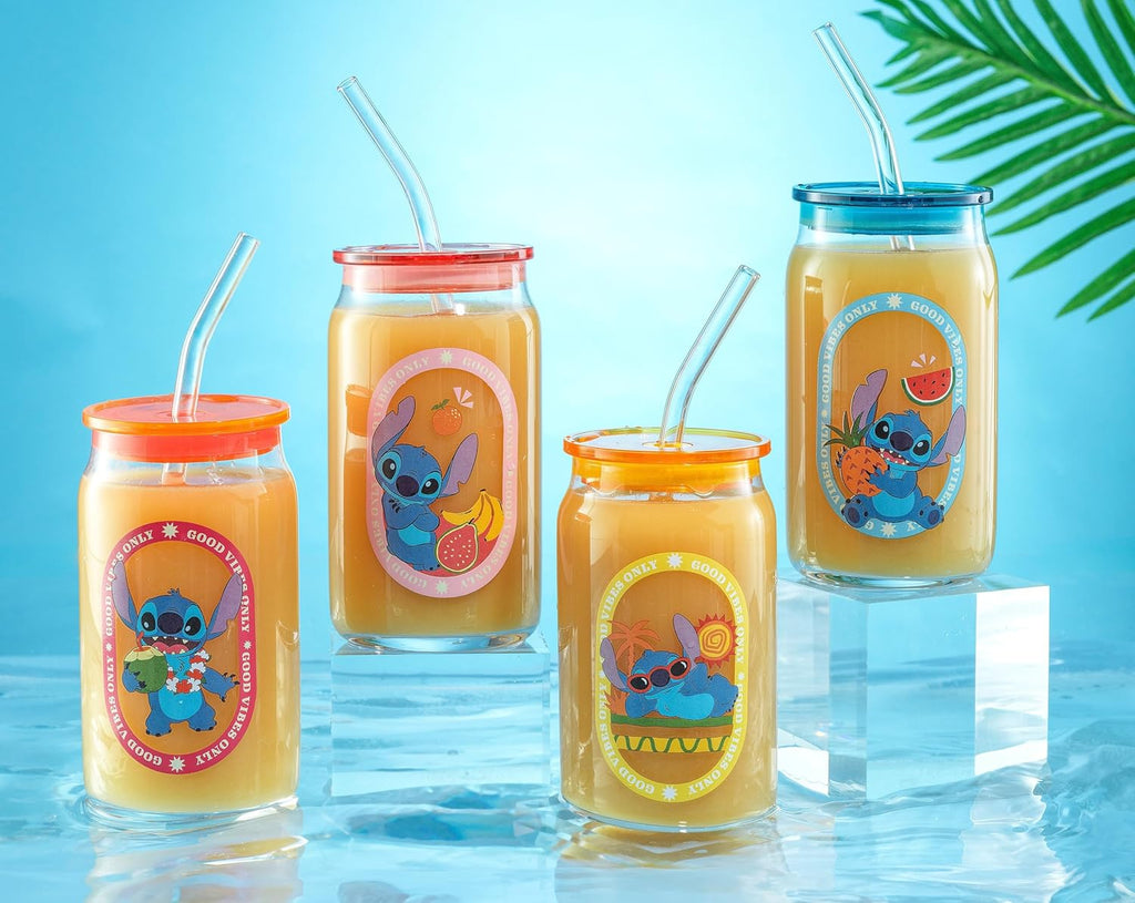 JoyJolt Disney Stitch Island Vibes Glass Tumblers with Lids and Straws, 16oz Glass Cups with Lids and Straws, Can Shaped Drinking Glasses Set of 4, Stitch Stuff, Disney Gifts for Adults
