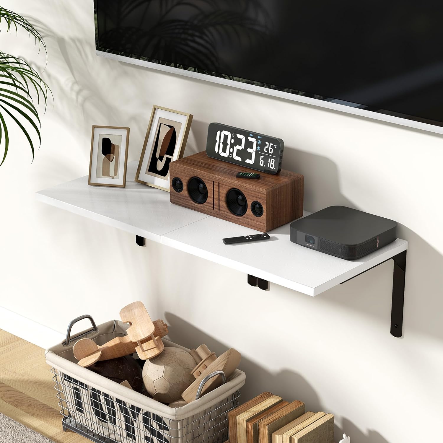 Fun Memories Floating Shelves for Wall, 12 Inch Deep Floating Shelves Set of 2, Wall Mounted Shelf with Metal Brackets, Rustic Wood Wide Shelf for Bathroom, Kitchen and Living Room, White, 16W x 12D