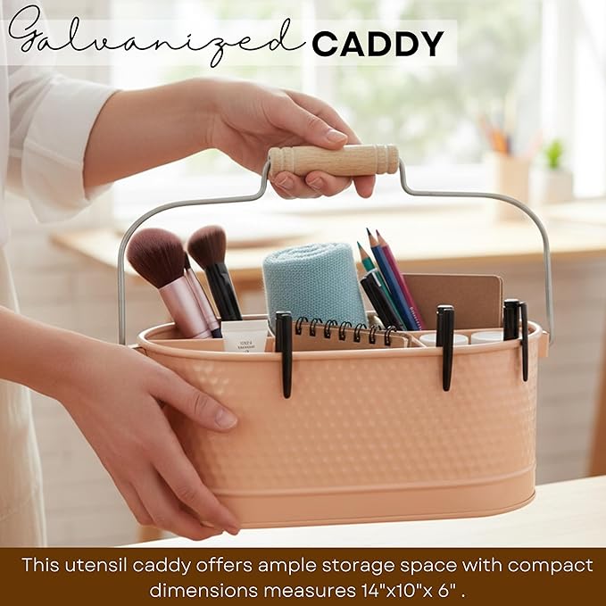 Alpha Living Home Metal Utensil Caddy - 4-Compartment Silverware, Flatware, Cutlery Holder with Handle - Kitchen Organizer for Countertop, Buffet, Picnic, BBQ, Farmhouse(Peach)