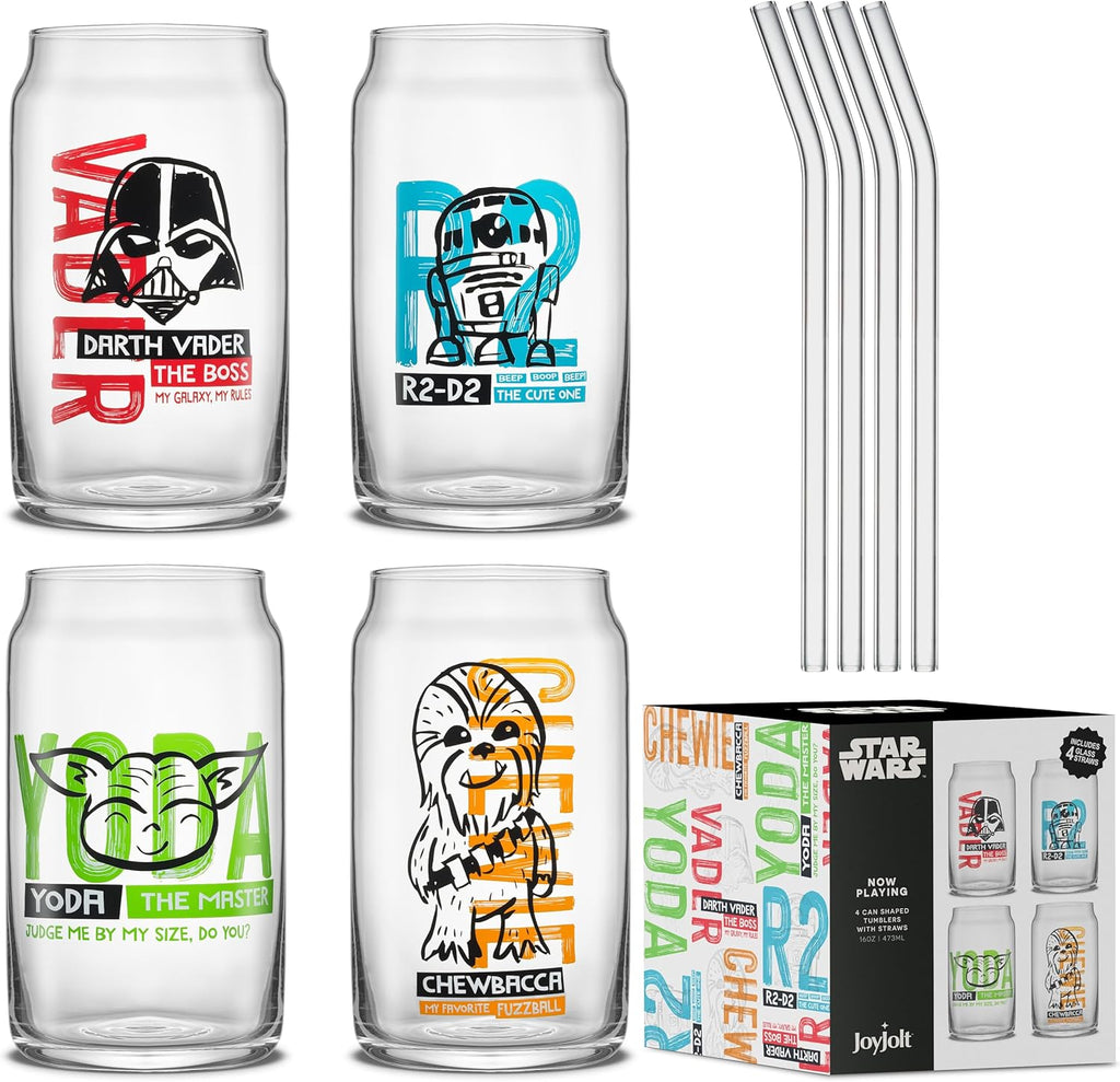 JoyJolt Star Wars Now Playing Collection Tumblers, 16.9oz Classic Can Shape Glass Tumbler Set of 4 w/Glass Straws