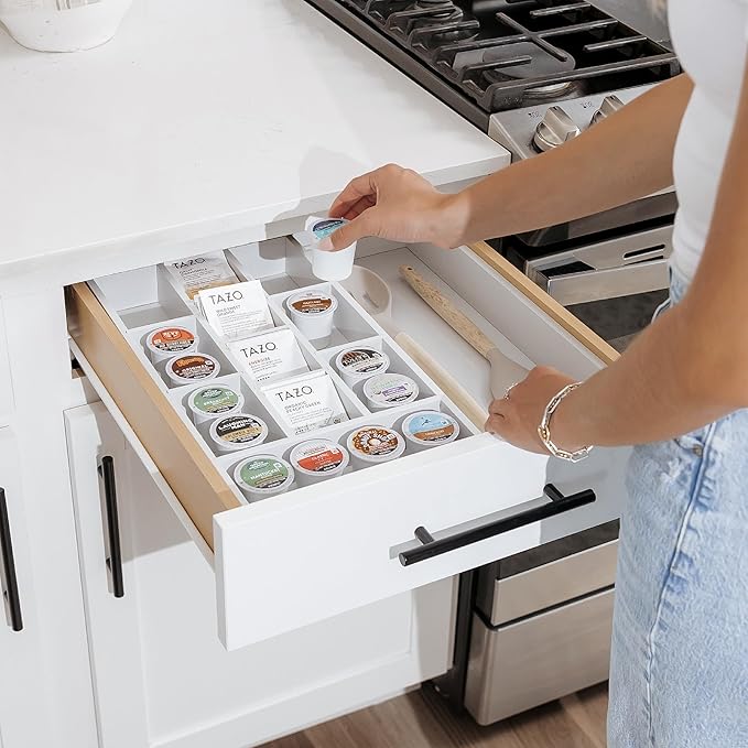 KitchenEdge Tea Bag and Coffee Pod Kitchen Drawer Organizer, Expandable 9.7 to 17 Inches, 10 Storage Compartments, Adjustable Wall Inserts, Non-Slip Feet, Food-Safe White Finish, 100% Bamboo Wood
