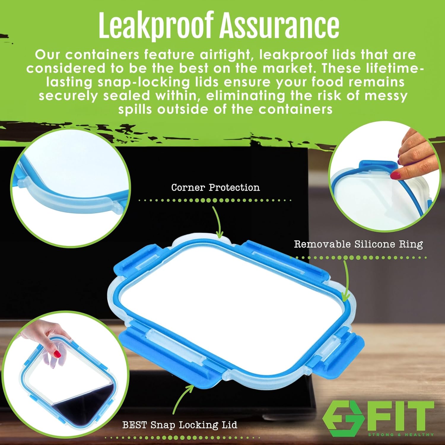 FIT Strong & Healthy Glass Meal Prep Containers with Lids, 1 & 2 & 3 Compartments – Portion Control Containers, Glass Lunch Box, Food Storage, Leak-Proof, Oven & Freezer Safe, 35 oz, Blue, 3 Pack