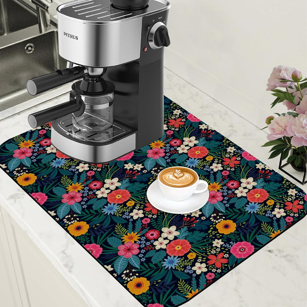 Dish Drying Mat Colorful Flowers and Leaves Coffee Bar Mat for Countertop Absorbent Rubber Backed Hide Stain Dish Drainer Rack Pad Espresso Machine Dining Room Decor 15.7 x 23.6 Inch