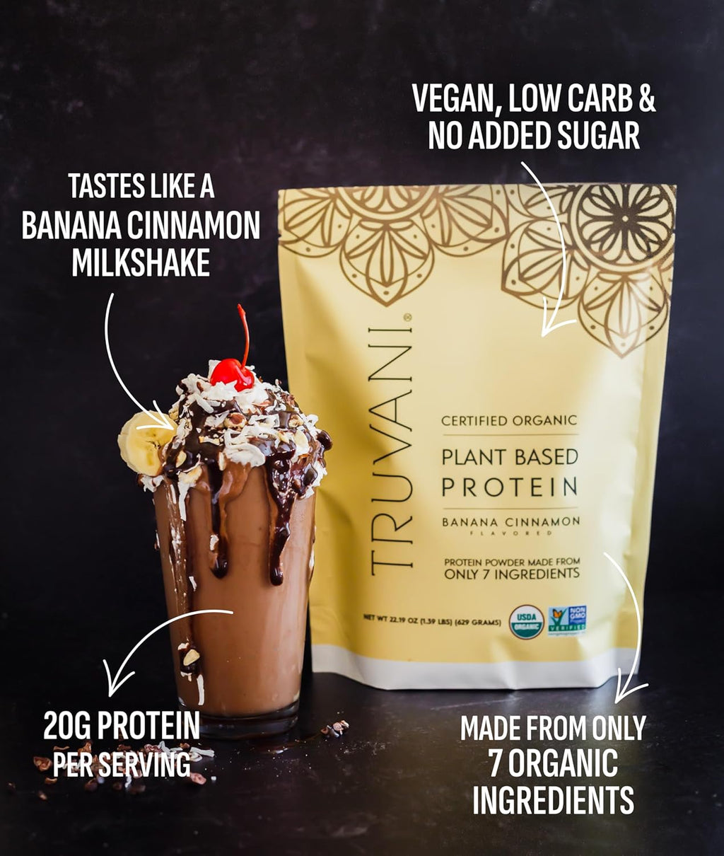Truvani Vegan Pea Protein Powder | Banana Cinnamon | 20g Organic Plant Based Protein | 1 Serving | Keto | Gluten & Dairy Free | Low Carb | No Added Sugar