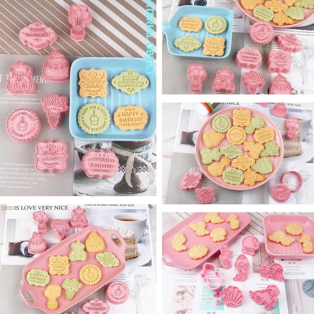 8PCS Happy Birthday Cookie Cutter Sets 3D Plastic Cookie Cutters with Plunger Stamps Pressable Biscuit Mold Cookie Molds Cake Baking Fondant Cutter Birthday Party DIY Cookie Decorating Supplies(C)