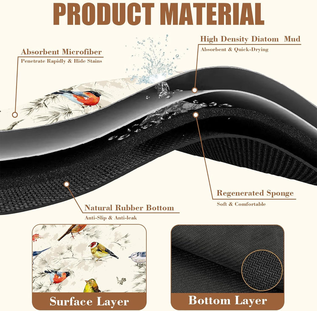 Cute Birds Coffee Mat Absorbent Dish Drying Mat for Kitchen Counter Hide Stain Rubber Backed Coffee Bar Accessories Fit Under Espresso Machine Cafe Table, 11.8 x 19.7 Inch