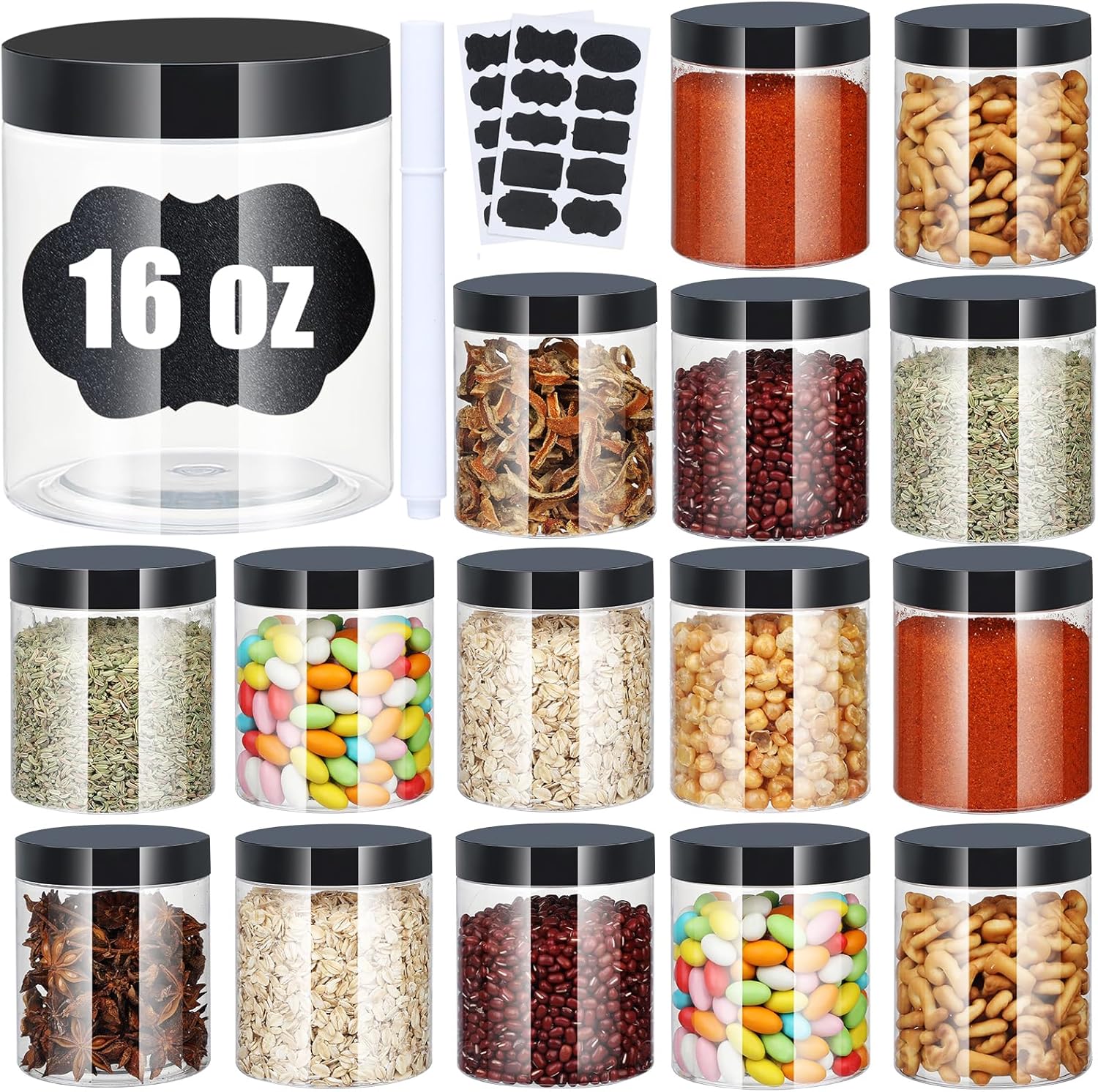 Plastic Jars with Lids, 16 oz Plastic Containers with Lids Clear Airtight Container Storage Jar Mason Jars for Dry Food Peanut Butter Honey Jam Cosmetics, Pack of 16 (16 PCS Black Lids)