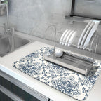 Bohemian Grey Retro Dish Drying Mat for Kitchen Counter,Boho Abstract Flower Art Drying Mat 18 x 24 Inch Microfiber Dish Drying Pad Dish Rack Pad Drainer Mat for Coffee Bar