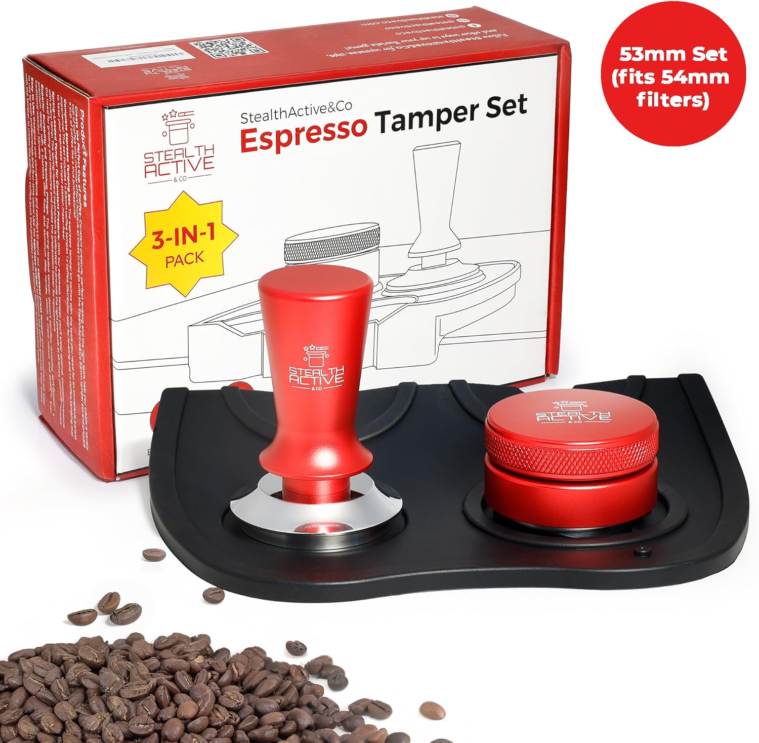 StealthActive&Co 53mm Espresso Tamper 3 in 1 Set Compatible with 54mm Filter - Spring Loaded Espresso Machine Tamper with Aluminum Handle, Espresso Distribution Tool, and Non-Slip Tamping Mat