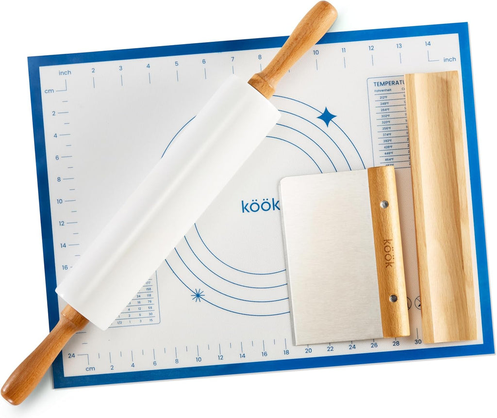 Kook Marble Rolling Pin Set, 18 Inch Rolling Pin with Beechwood Handles, Wooden Holder, Metal Scraper, Silicone Mat, Nonstick, for Baking Pizza Dough, Pastries, Tortillas