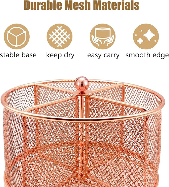 360 Rotating Metal Utensil Caddy - 4 Compartment Silverware Cutlery Holder Fork Spoon Napkin Organizer Flatware Storage Basket Party Countertop Buffet Picnic Camping Outdoor Rose Gold Pink