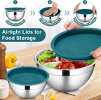 LIANYU 6 Piece Stainless Steel Mixing Bowls, Large Metal Bowls with Airtight Lids Set, 7 & 3.5 & 2.5 QT 2 & 1.5 & 1QT, Kitchen Nesting Bowls for Cooking Prepping Food Storage, Dishwasher Safe, Blue