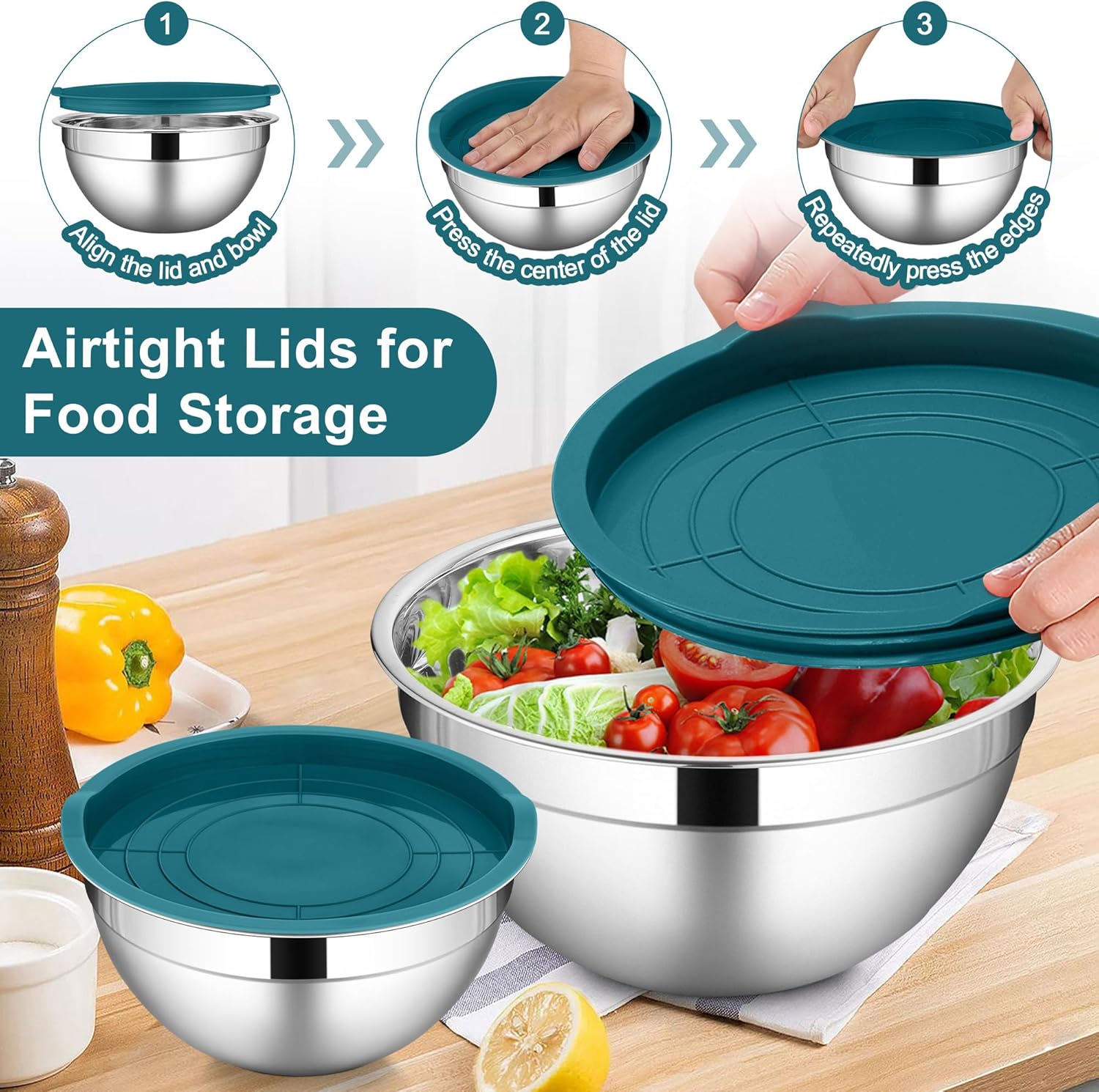 LIANYU 6 Piece Stainless Steel Mixing Bowls, Large Metal Bowls with Airtight Lids Set, 7 & 3.5 & 2.5 QT 2 & 1.5 & 1QT, Kitchen Nesting Bowls for Cooking Prepping Food Storage, Dishwasher Safe, Blue