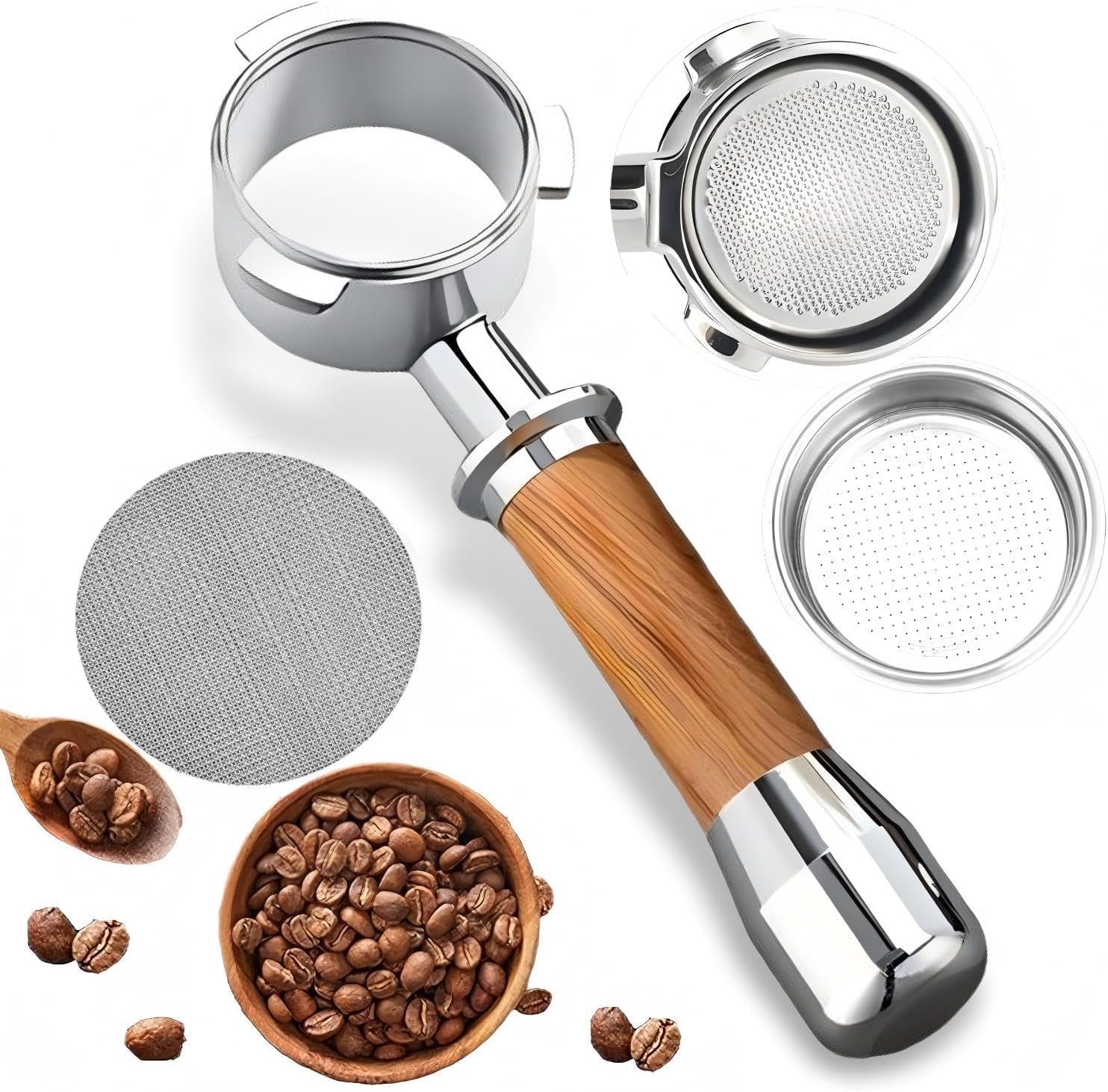 54mm Coffee Bottomless Portafilter, Compatible with Breville Barista Bes 870/878/880/876/840/810/500/450 Replacement Parts Bottomless Portafilter(Walnut)