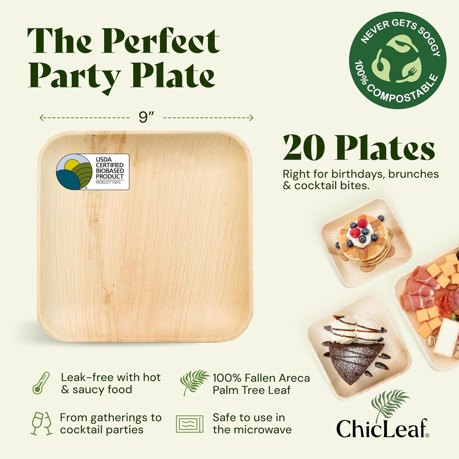 Chic Leaf Palm Leaf Disposable Bamboo Plates - Party Plates for Weddings & Event Appetizers - Biodegradable & Compostable - Party Supplies (9", 20 Pack)
