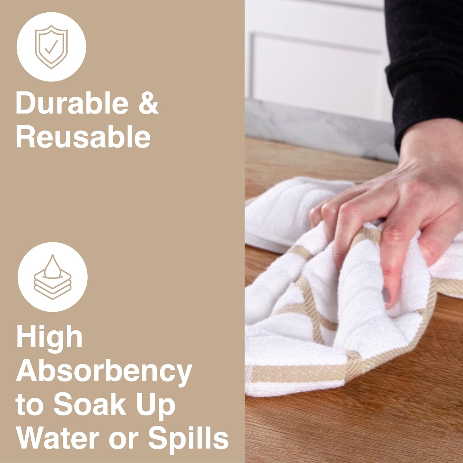 All-Clad Checked Kitchen Towel: Highly Absorbent, Super Soft Long Lasting - 100% Cotton, 17"x30" Tea Towel for Cleaning & Drying Dishes, Pans, Glassware, or Countertops, (1-Pack), Cappuccino