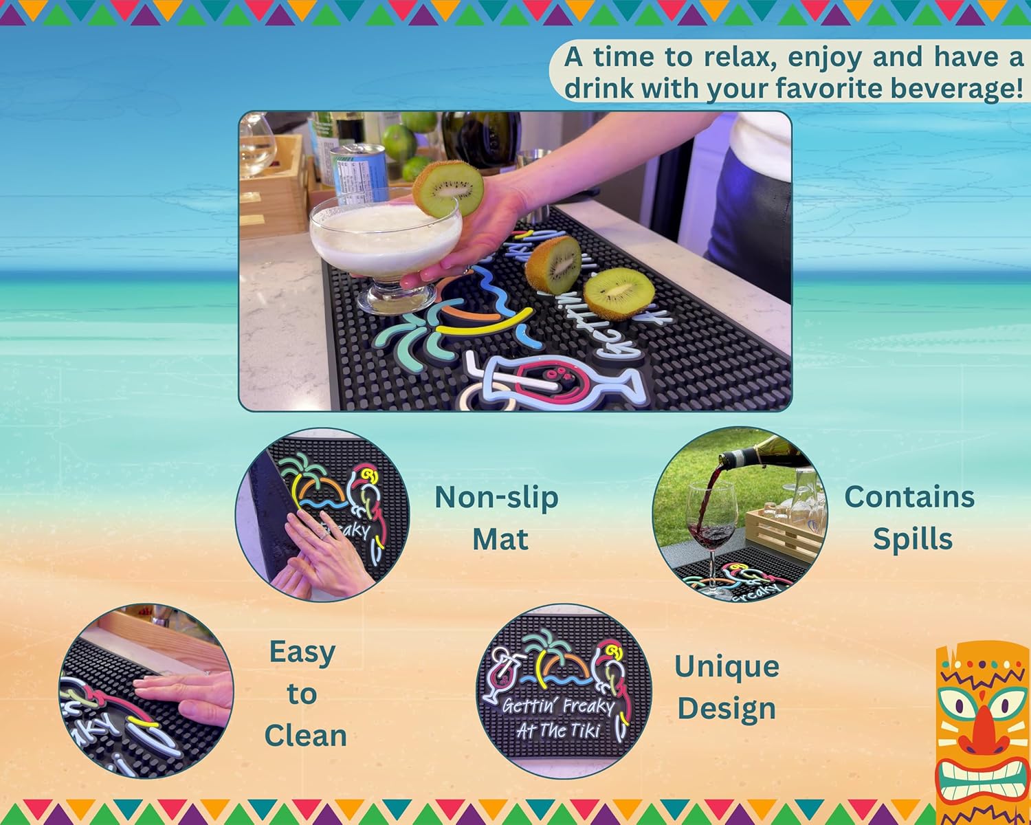 Tiki Bar Mats for Countertop - Perfect Bar Sign Gettin Freaky at The Tiki 18x12 in - Kitchen Counter Decor Tiki Bar Accessories, Tiki Bar for Outside Patio Rubber Bar Mats, Luau Mats for Bartending