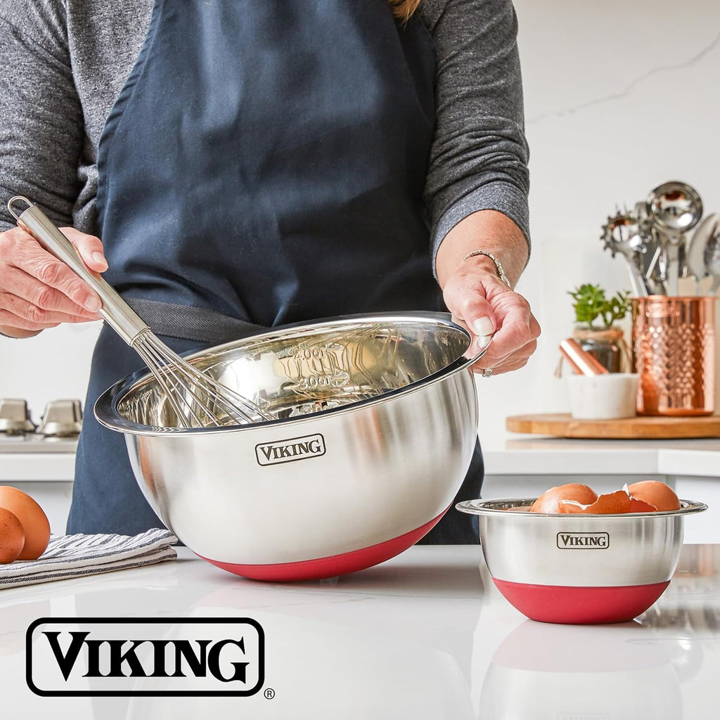 Viking Mixing Bowls Set, 10 Piece Stainless Steel Kitchen Cookware, Non-Slip Silicone Base, Includes Tight Fit Lids, Dishwasher Safe, Red