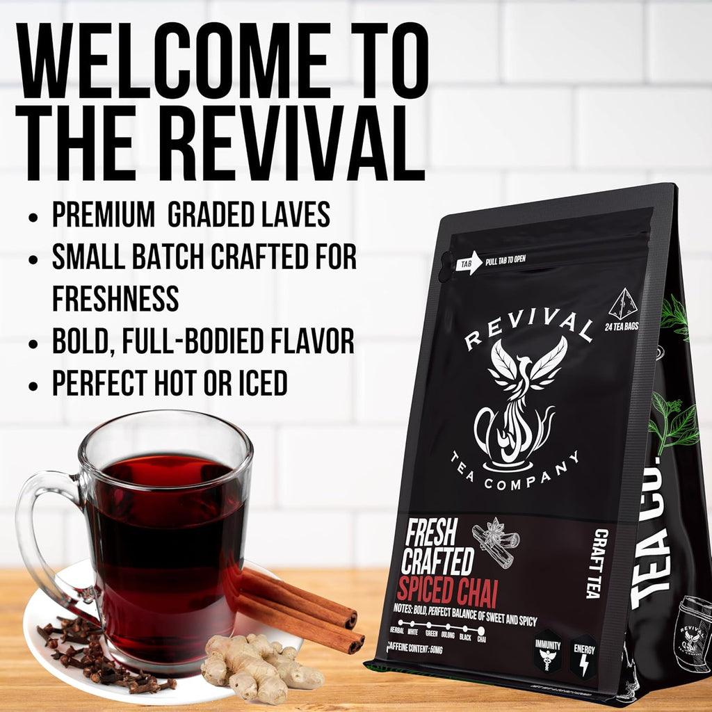 Revival Tea Company Fresh Crafted Spiced Chai Tea - Black Tea Blend with Fresh Spiced Chai Flavor - Loose Leaf 8 Ounces