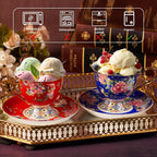 KAMMAK Tea Cups and Saucers Set of 2, Porcelain Coffee Cup with Saucer for Espresso, Cappuccino, 9.8oz Vintage Yellow Floral Ceramic Demitasse Mug for Home, Tea Party, Office