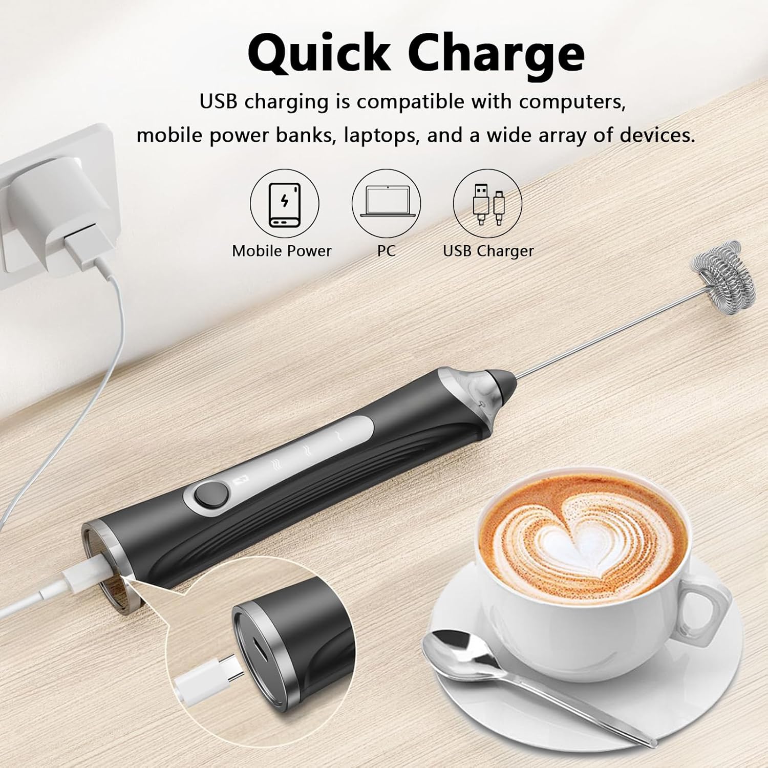Rechargeable Milk Frother with Stand,Handheld Electric Foam Maker, Waterproof Detachable 3-Speed Adjustable Drink Mixer & Milk Foamer with 3 Stainless Steel Whisks for Lattes, Cappuccino