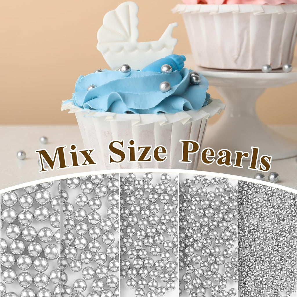 Twisweet Silver Pearl Sprinkles for Cake Decorating, Edible Sugar Pearls for Baking, Mix Size, Cake Topper Cupcake Cookie Ice Cream Dessert Decorations, Valentines Birthday Christmas Supplies (130g/4.58oz)