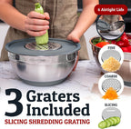 Priority Chef 6Pc Large Mixing Bowls With Lids Set with Non-Slip Bases, Stainless Steel Mixing Bowl Set, 6 Airtight Lids and 3 Graters, Grey