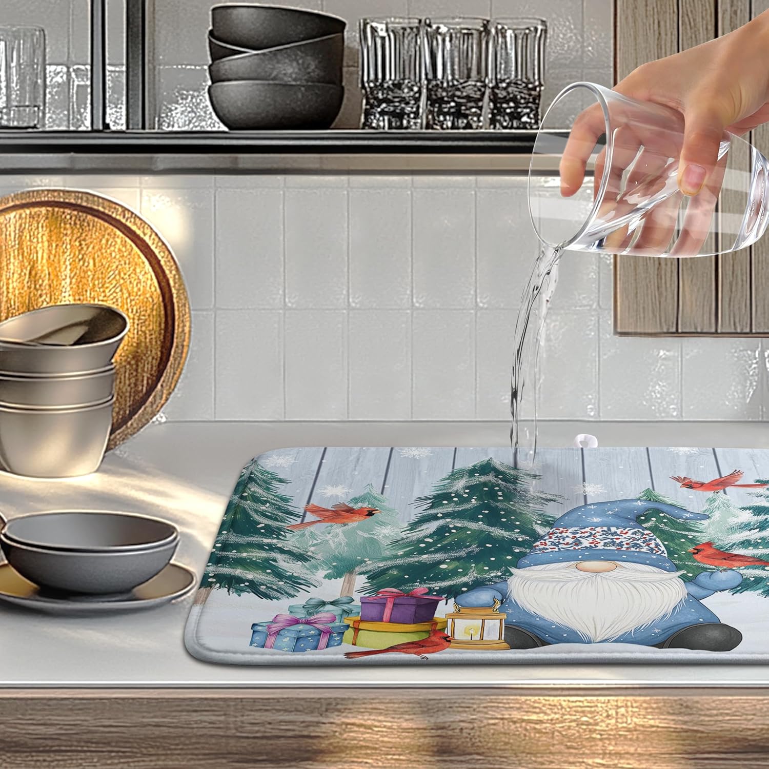Winter Gnome Dish Drying Mat Christmas Tree Snowman Large Kitchen Mats Dish Drying Pad Bird Absorbent Dish Dryer Mat for Kitchen Countertops Microfiber Drainer Pad Dish Drying Mats (18x24 in)