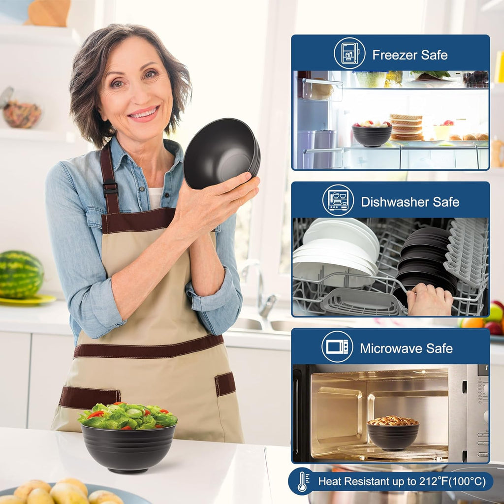 HOTEC BPA Free Unbreakable Wheat Straw Cereal Bowls - Microwave & Dishwasher Safe Soup and Salad Bowls, Set of 8, 26oz, Black