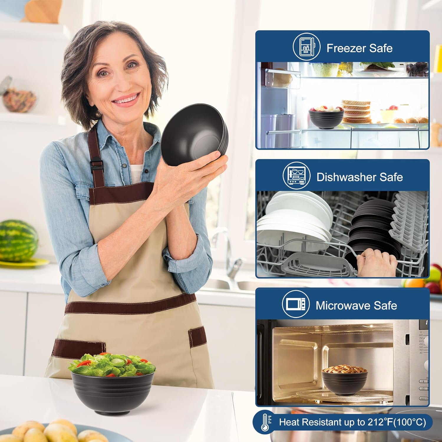 HOTEC BPA Free Unbreakable Wheat Straw Cereal Bowls - Microwave & Dishwasher Safe Soup and Salad Bowls, Set of 8, 26oz, Black