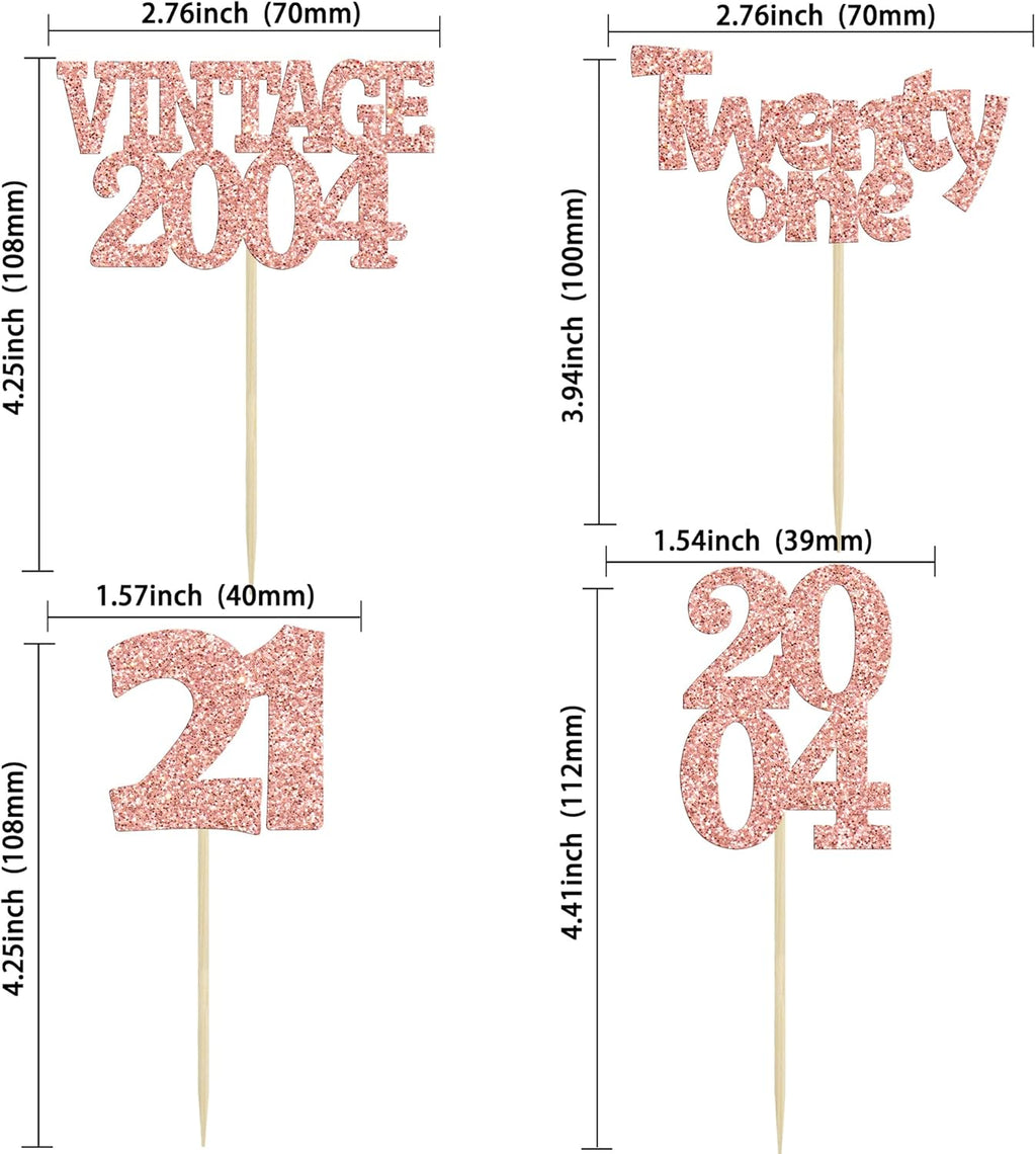 Gyufise 24Pcs 21st Birthday Cupcake Toppers Glitter Twenty-one Vintage 2004 21 Years Birthday Cupcake Picks Cheers to 21 Cake Decorations for Happy 21st Anniversary Party Supplies Rose Gold
