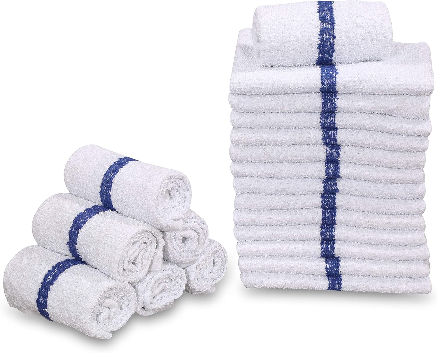 GOLD TEXTILES 120 PC New Cotton Blend White Restaurant Bar Mops Kitchen Towels 28oz (10 Dozen) (120, Blue Stripe)