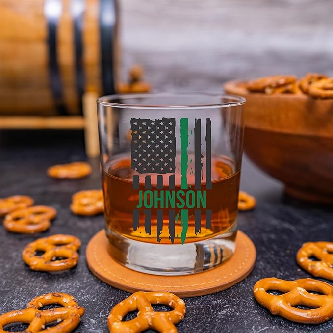 Blue Ridge Mountain Gifts - Thin Green Line Whiskey Glass - Personalized Military Gift, Border Patrol Appreciation, Green Line Merch, Veteran Gift, Custom Barware, Special Forces Glass