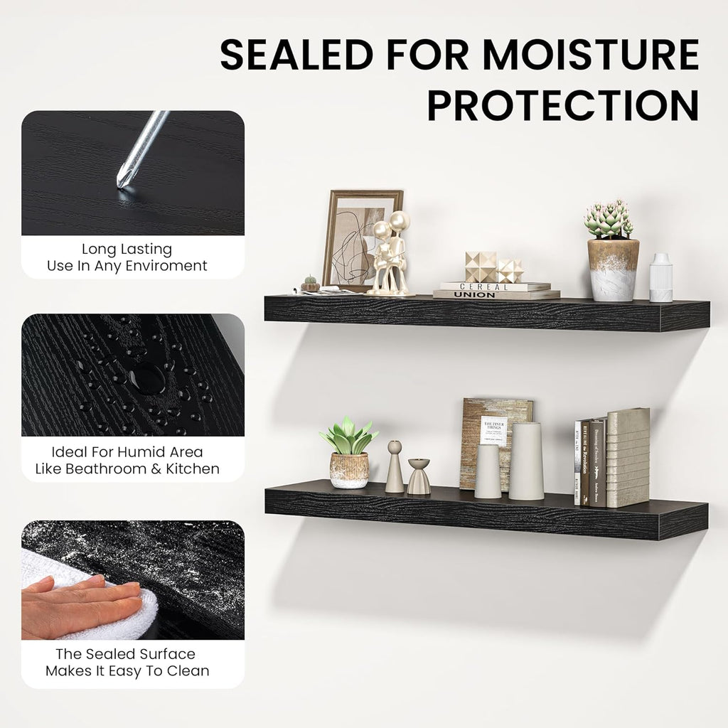 Floating Shelves for Wall, 36" W x 8" D x 1.5" H, Wooden Wall Mounted Display Shelves with Invisible Brackets for Living Room, Bedroom, Bathroom, Kitchen Decor and Storage, Set of 2, Black