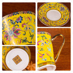 KAMMAK Tea Cups and Saucers Set of 2, Porcelain Coffee Cups with Saucer for Espresso, Cappuccino, 9oz Vintage Noble Yellow Ceramic Demitasse Mug for Home, Tea Party, Office