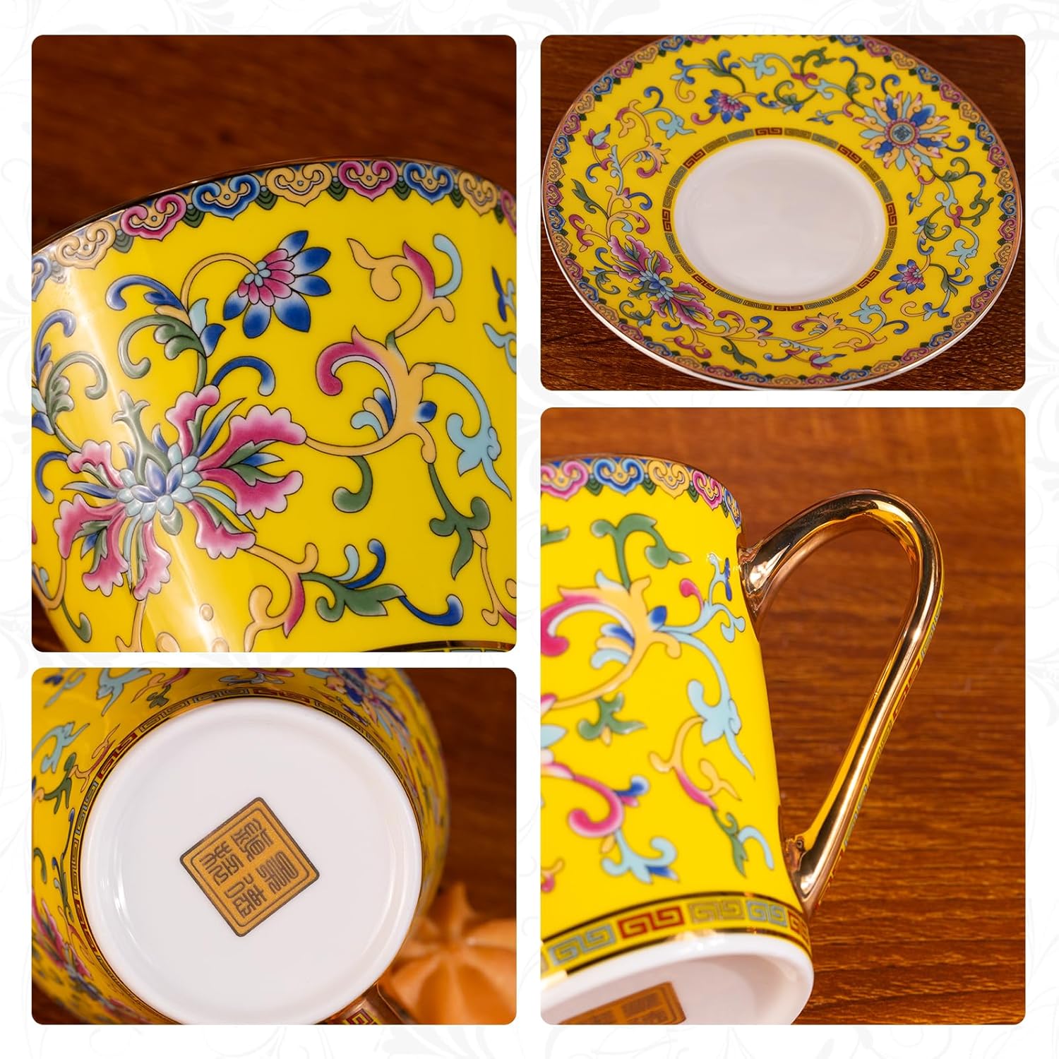 KAMMAK Tea Cups and Saucers Set of 2, Porcelain Coffee Cups with Saucer for Espresso, Cappuccino, 9oz Vintage Noble Yellow Ceramic Demitasse Mug for Home, Tea Party, Office