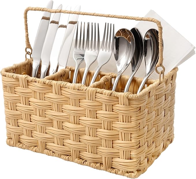 GRANNY SAYS Wicker Utensil Caddy, Utensils Holder Buffet Caddy, Spoon Cutlery Holder Utensils Organizer, Condiment Organizer Silverware Holder, Utensil Organizer for Countertop