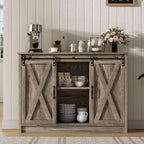 4 EVER WINNER Farmhouse Coffee Bar Cabinet with Sliding Barn Door, 42” Coffee Bar Table with Adjustable Shelves, Buffet Cabinet with Storage for Kitchen Living Dining Room, Wash Grey