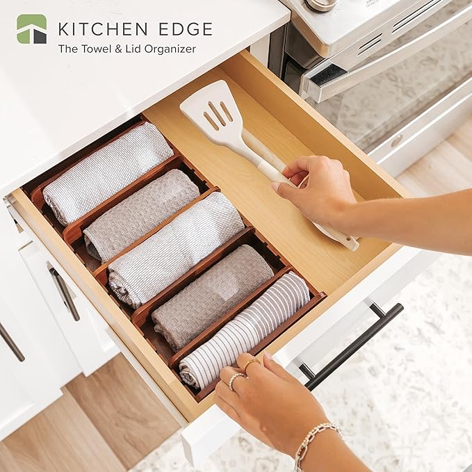 KitchenEdge Acacia Kitchen Towel and Storage Organizer, Perfect for Drawers, Cabinets, Pantry, 5 Adjustable Wall Inserts, Non-Slip Feet, Organize Containers, Food-Safe Finish