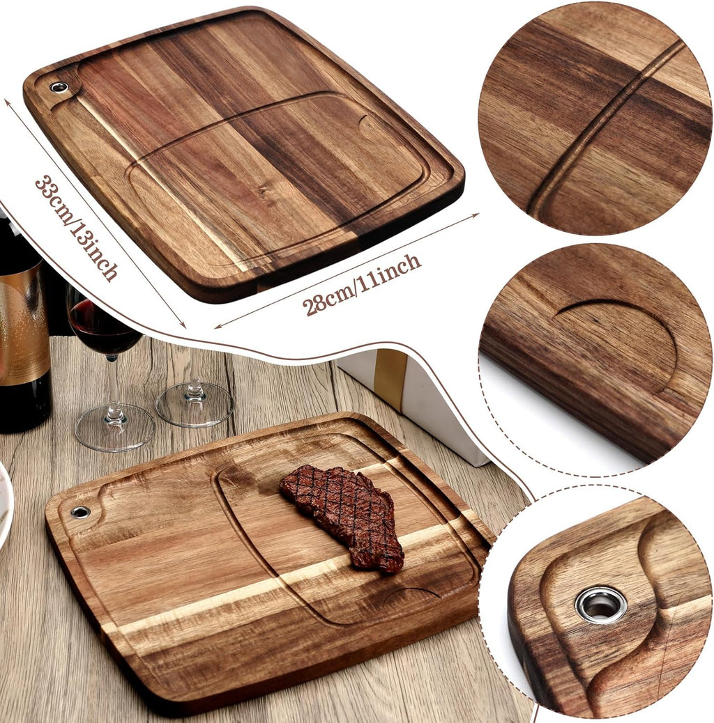 Uiifan 6 Pcs Steak Plates with Juice Channel Wooden Steak Board Set Acacia Cutting Serving Board for Home Serving Eating Meat Dishes Snack Dessert, 13 x 11 x 0.6 Inch