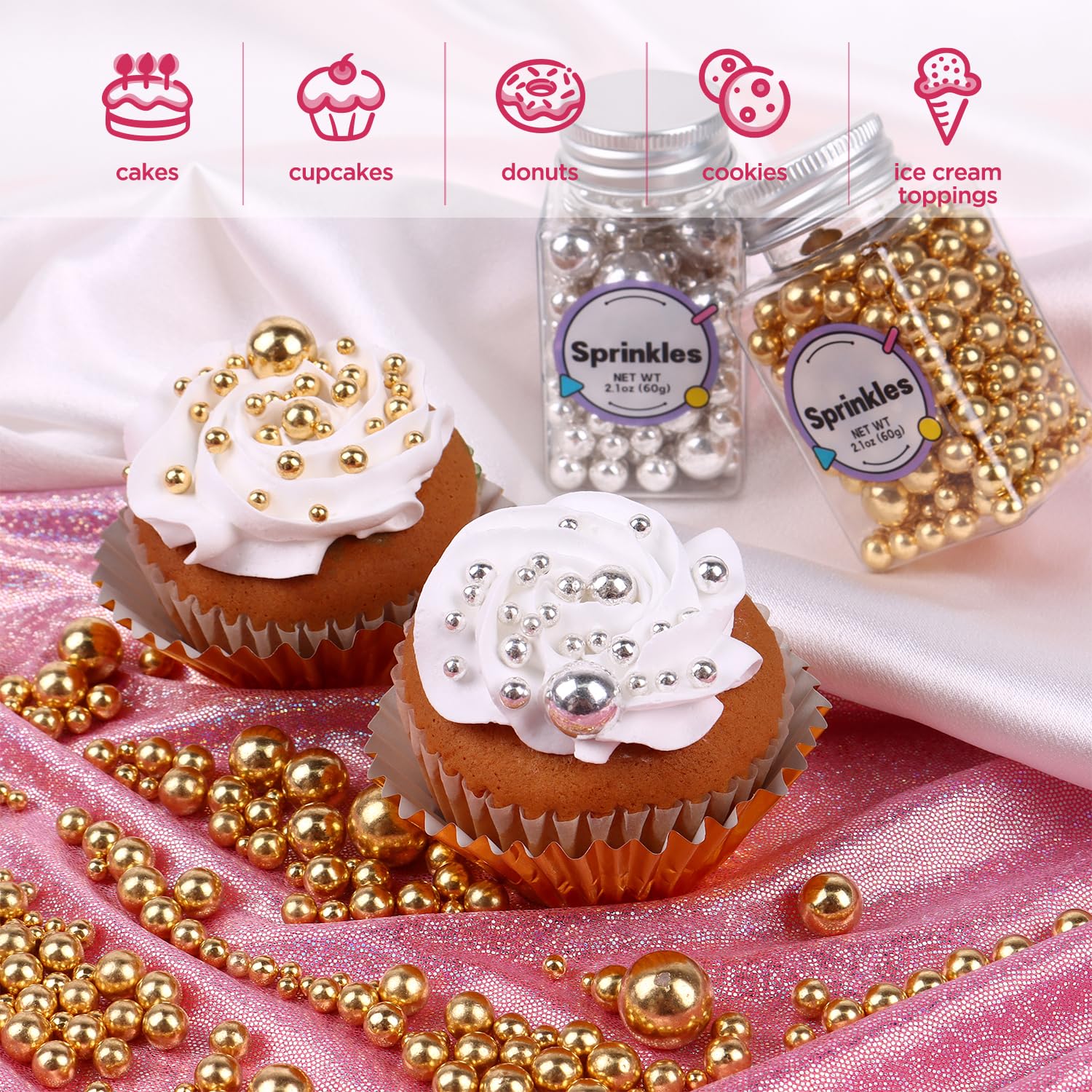 Pearl Sprinkles for Cake Decorating, Gold Pearl Sprinkles, Sliver Pearls Sprinkles, Sugar Pearls, Metallic Sprinkles Mix for Cake, Cupcakes, Macaron, Ice Cream, and Cookies. (120g/4.2oz)