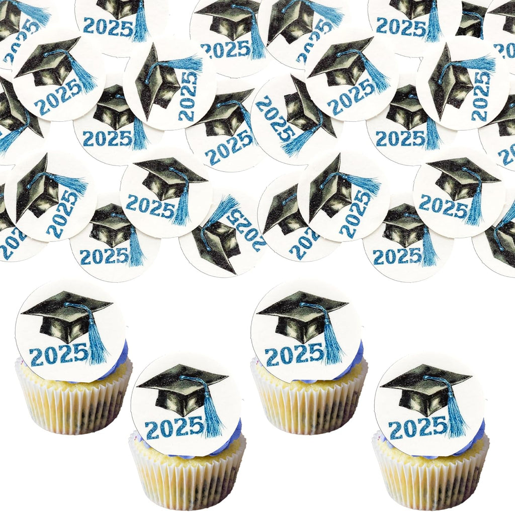 Gyufise 48Pcs Edible 2025 Graduation Cap Cupcake Toppers Wafer Paper Class of 2025 Grad Cap Cupcake Picks for 2025 Graduation Theme Party Cake Decorations Supplies Blue