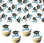 Gyufise 48Pcs Edible 2025 Graduation Cap Cupcake Toppers Wafer Paper Class of 2025 Grad Cap Cupcake Picks for 2025 Graduation Theme Party Cake Decorations Supplies Blue