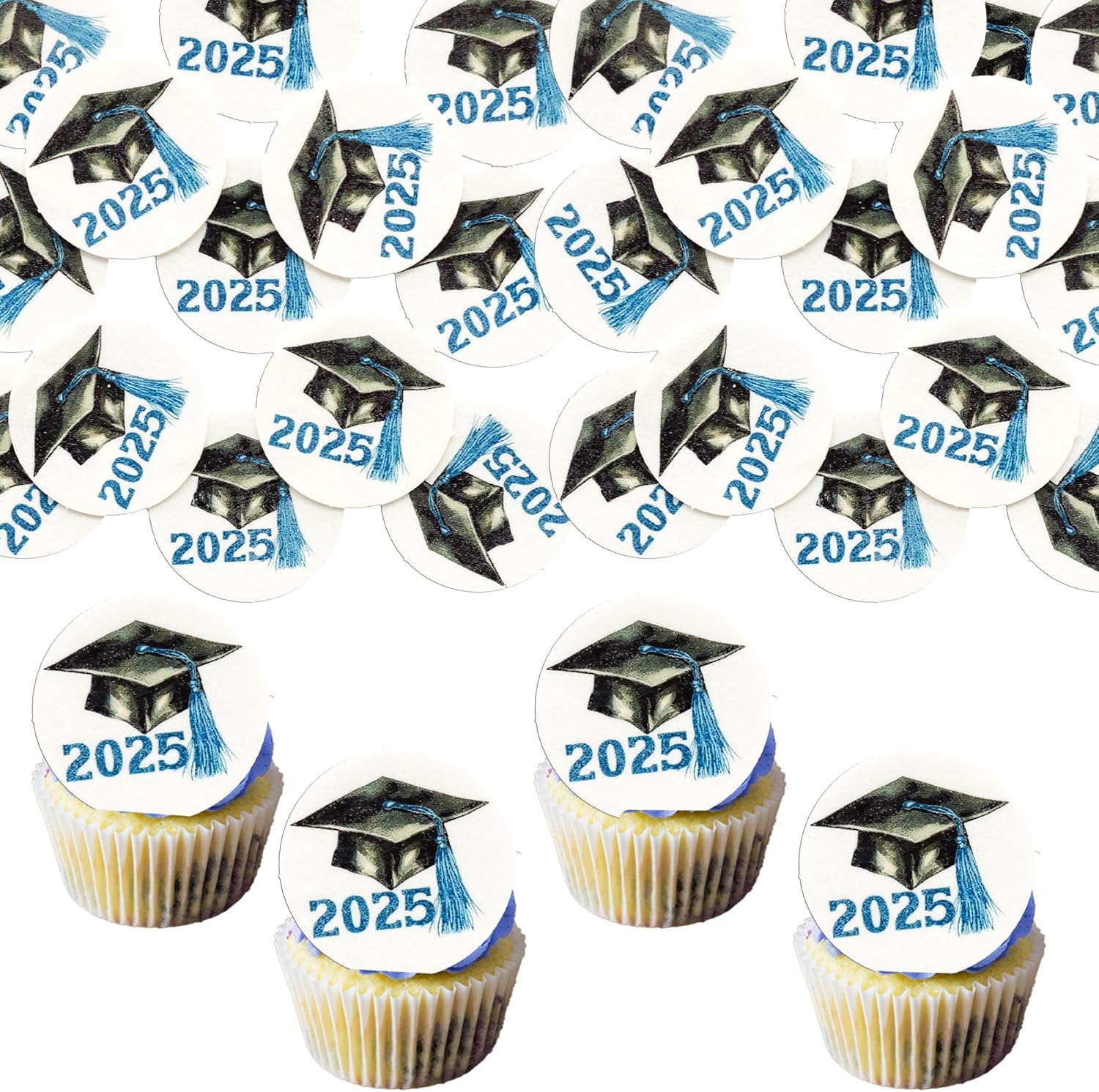 Gyufise 48Pcs Edible 2025 Graduation Cap Cupcake Toppers Wafer Paper Class of 2025 Grad Cap Cupcake Picks for 2025 Graduation Theme Party Cake Decorations Supplies Blue