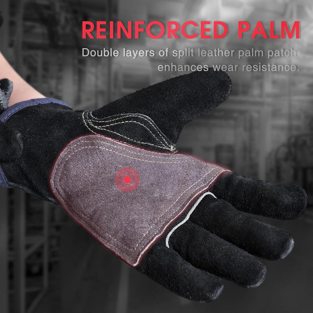 YESWELDER Leather Work Gloves for Men or Women，Suitable for welding | gardening |construction etc. Cowhide leather with cotton lining, wrist closure, grippy and durable.Reinforced palm,Black-gray L
