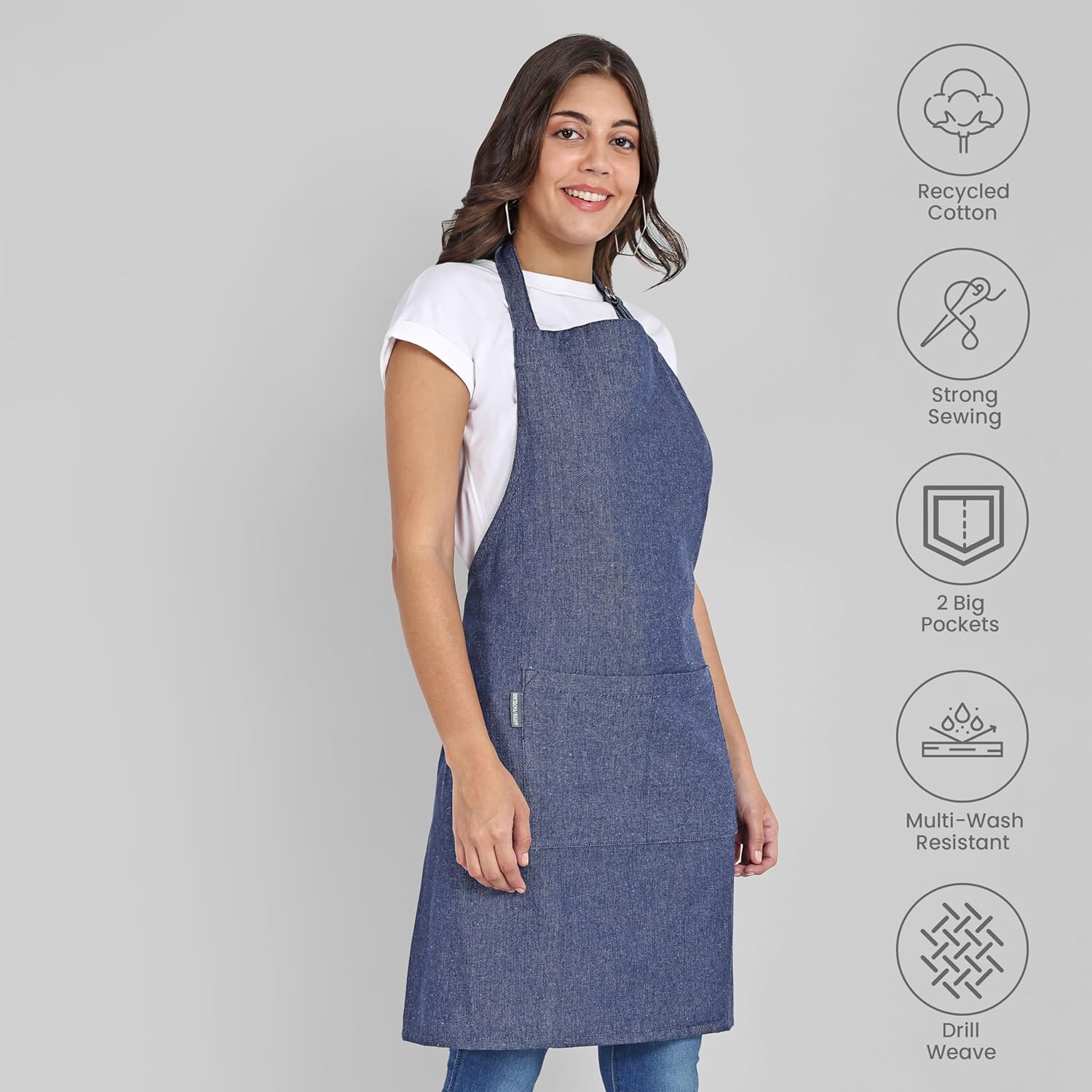 Chef Apron, Recycled Cotton Kitchen Apron with an Adjustable Neck with Long Ties, for cooking, baking