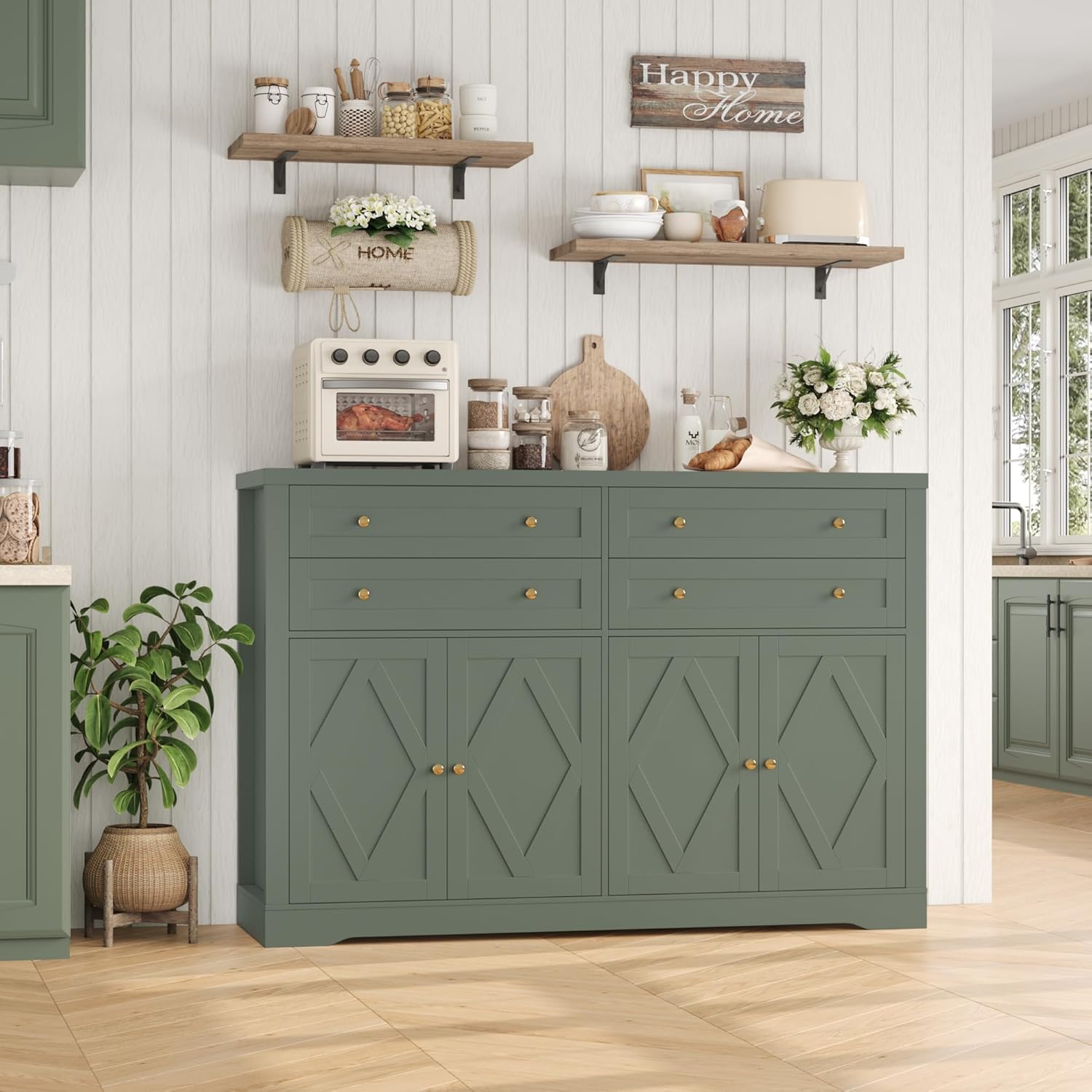 HOSTACK 55" Coffee Bar with 4 Large Drawers, 40" Tall Buffet Cabinet with Storage, Kitchen Storage Cabinet, Modern Farmhouse Sideboard Buffet, Adjustable Shelves for Living Room, Green