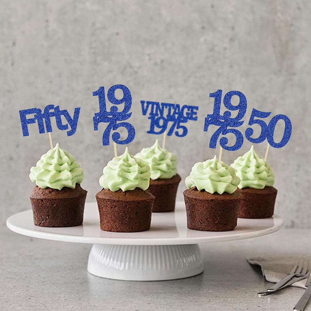 Gyufise 24Pcs Vintage 1975 Cupcake Toppers Cheers to 50 Fabulous Fifty Cupcake Picks 50th Birthday Wedding Anniversary Party Cake Decorations Supplies Deep Blue