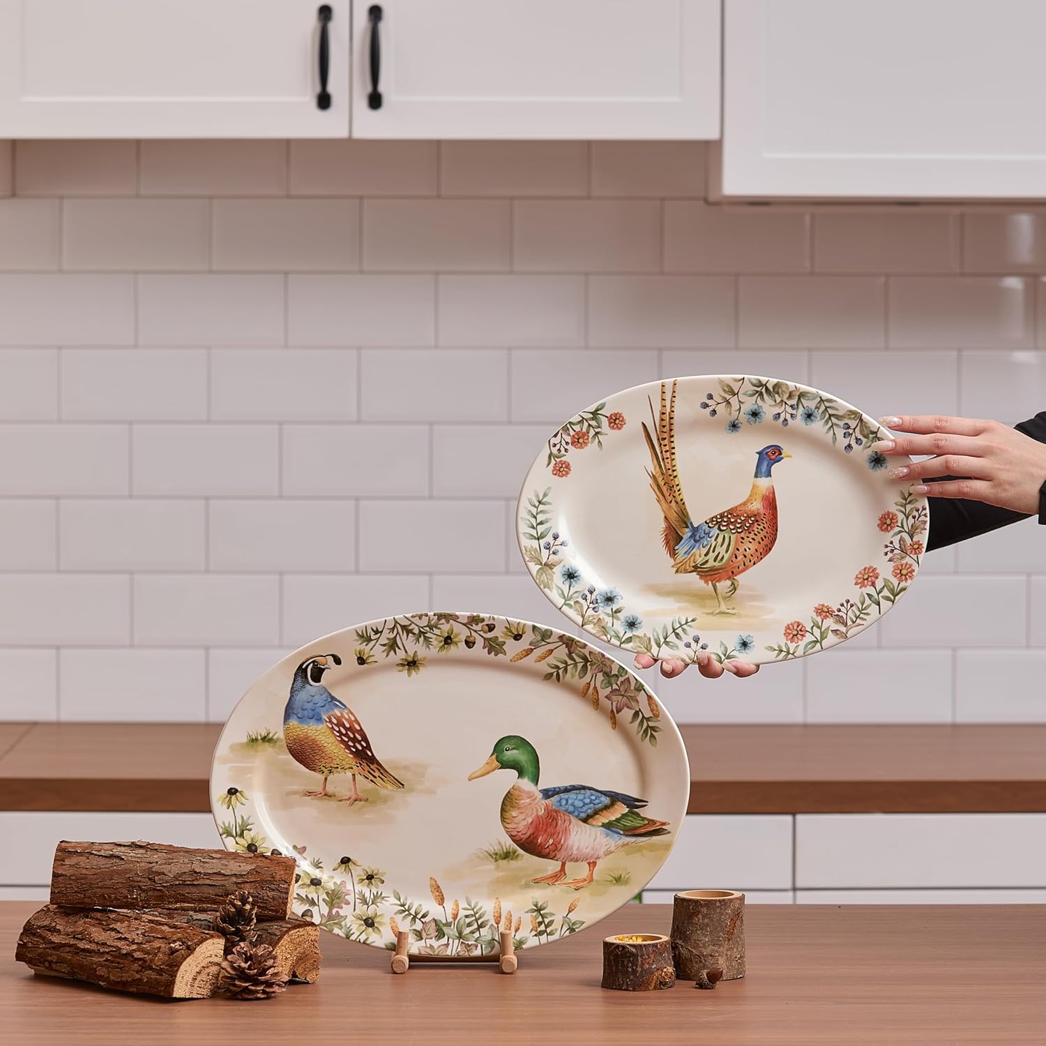 Bico Autumn Birds 16 plus 14 inch Oval Platters Set, Set of 2, Microwave and Dishwasher Safe, for Serving Fish, Chicken, Turkey
